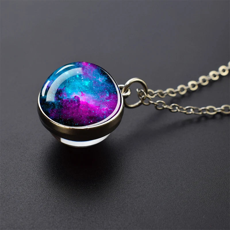 Solar System Universe Space Moon Sun Earth Planet Necklaces Two-sided Glass Ball Pendant Nebula Necklace Women Men Jewelry Gift