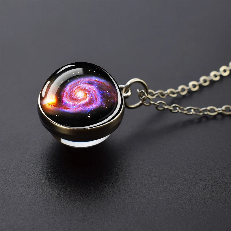 Solar System Universe Space Moon Sun Earth Planet Necklaces Two-sided Glass Ball Pendant Nebula Necklace Women Men Jewelry Gift