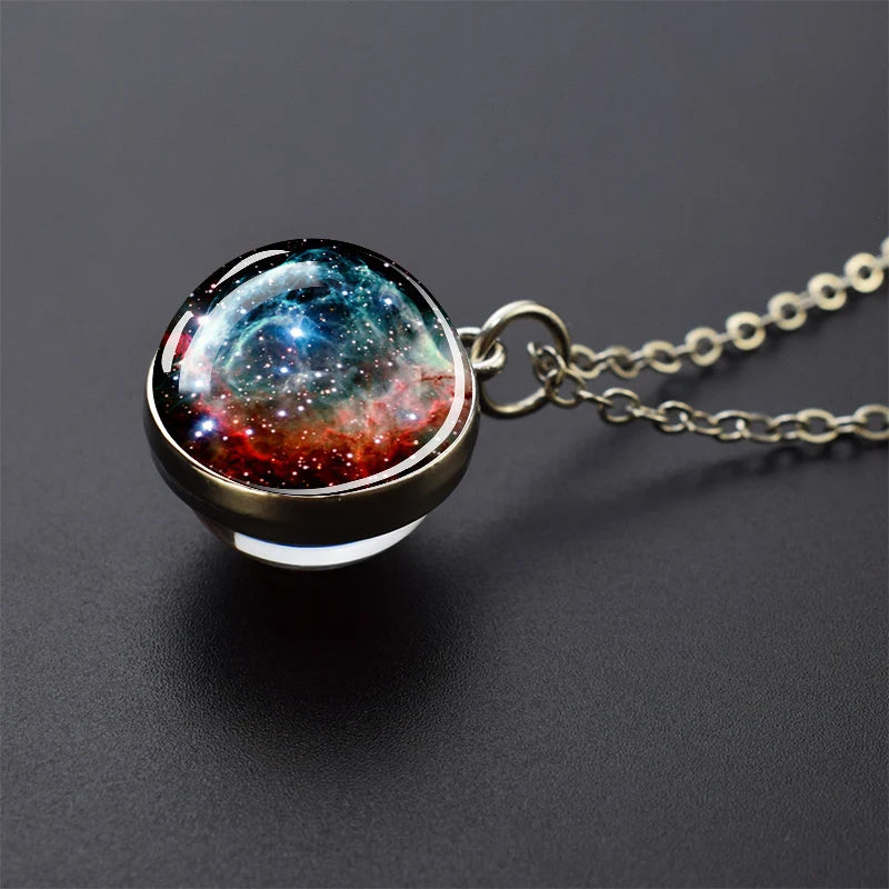 Solar System Universe Space Moon Sun Earth Planet Necklaces Two-sided Glass Ball Pendant Nebula Necklace Women Men Jewelry Gift