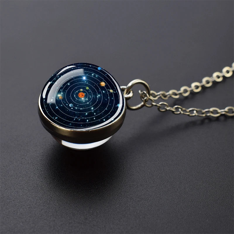 Solar System Universe Space Moon Sun Earth Planet Necklaces Two-sided Glass Ball Pendant Nebula Necklace Women Men Jewelry Gift