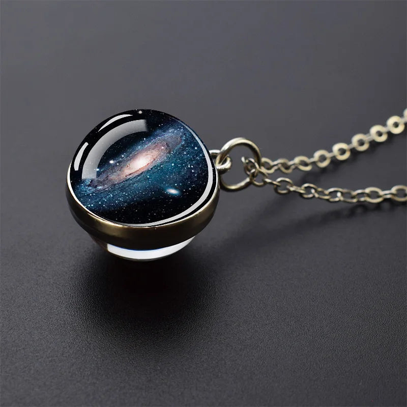 Solar System Universe Space Moon Sun Earth Planet Necklaces Two-sided Glass Ball Pendant Nebula Necklace Women Men Jewelry Gift