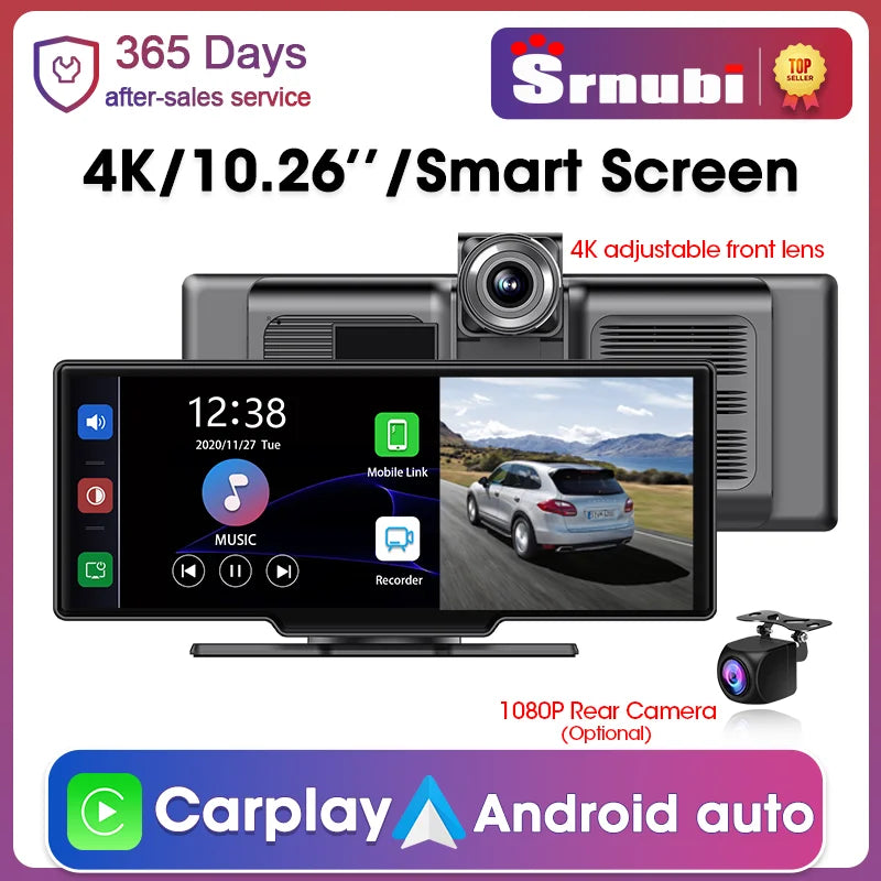 Srnubi 10.26 "4k Dash Cam Rückspiegel Kamera WiFi Wireless Carplay Android Auto Dual Lens Auto DVR Recorder GPS 24h Park Aux