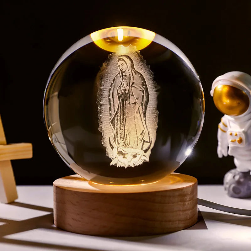 Unique Jesus 3D Crystal Ball Night Light with Wooden LED Base, Creative 3D Carved Crystal Ball Wholesale Craft Gift, Perfect for