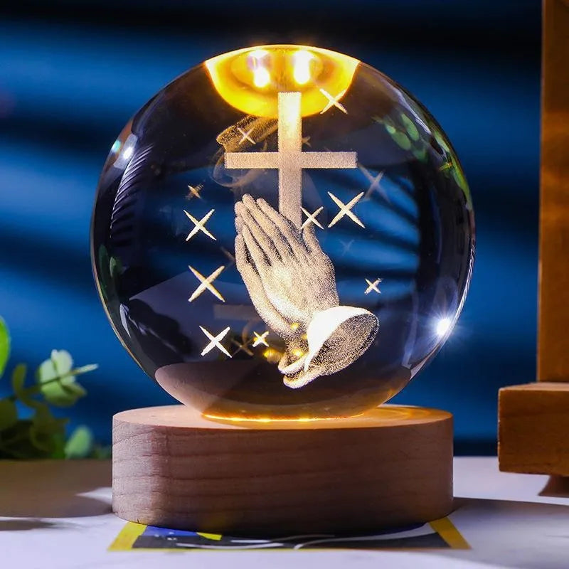 Unique Jesus 3D Crystal Ball Night Light with Wooden LED Base, Creative 3D Carved Crystal Ball Wholesale Craft Gift, Perfect for