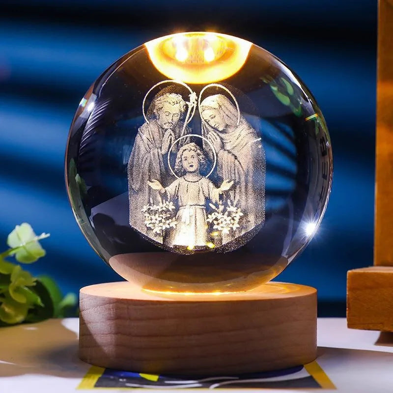 Unique Jesus 3D Crystal Ball Night Light with Wooden LED Base, Creative 3D Carved Crystal Ball Wholesale Craft Gift, Perfect for