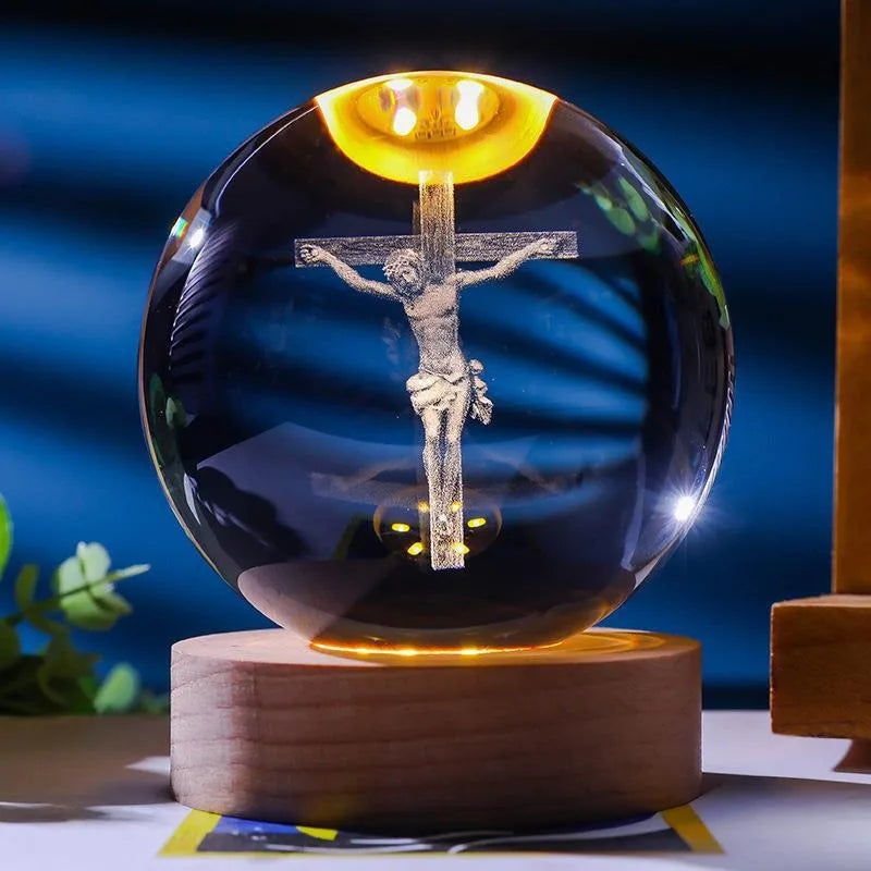 Unique Jesus 3D Crystal Ball Night Light with Wooden LED Base, Creative 3D Carved Crystal Ball Wholesale Craft Gift, Perfect for