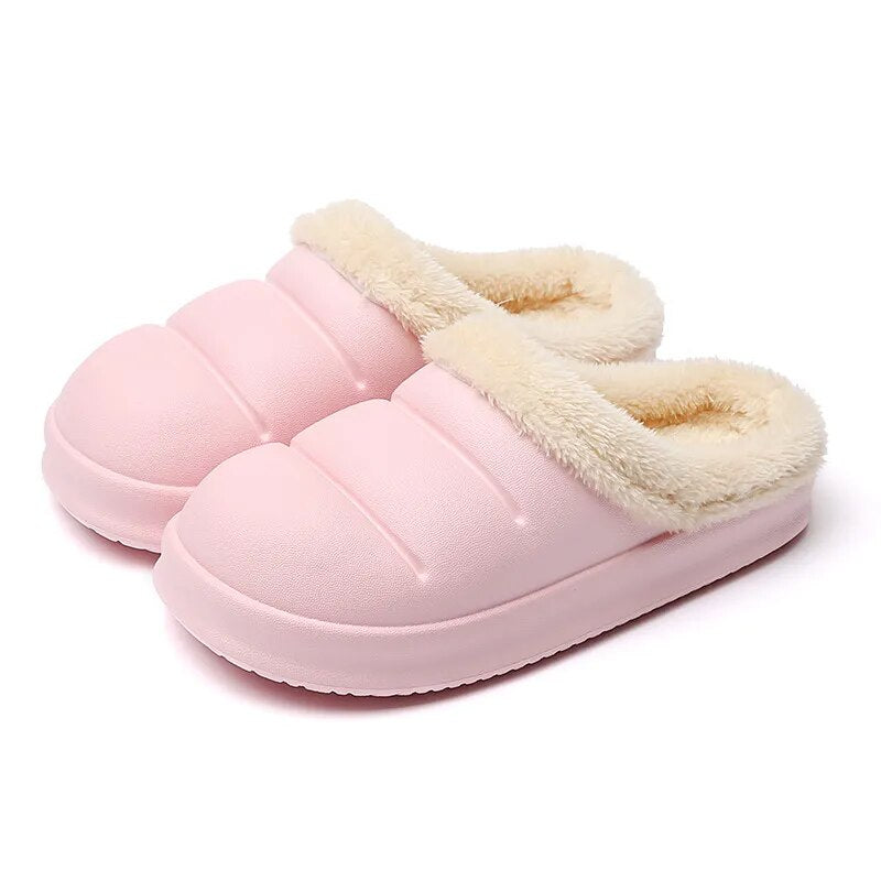 Winter Women Fur Slippers Waterproof Warm Plush Household Slides Indoor Home Thick Sole Footwear Non-Slip Solid Couple Sandals