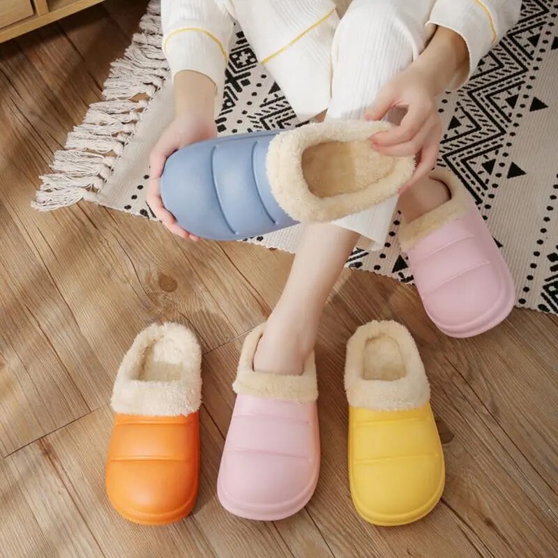 Winter Women Fur Slippers Waterproof Warm Plush Household Slides Indoor Home Thick Sole Footwear Non-Slip Solid Couple Sandals