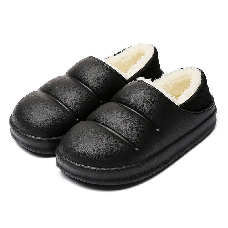 Winter Women Fur Slippers Waterproof Warm Plush Household Slides Indoor Home Thick Sole Footwear Non-Slip Solid Couple Sandals