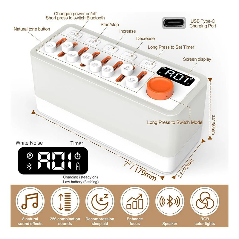 Witte ruis slaapgeluidsmachine met 8 natuurgeluiden, draagbare Bluetooth-luidspreker, 12 kleuren nachtverlichting