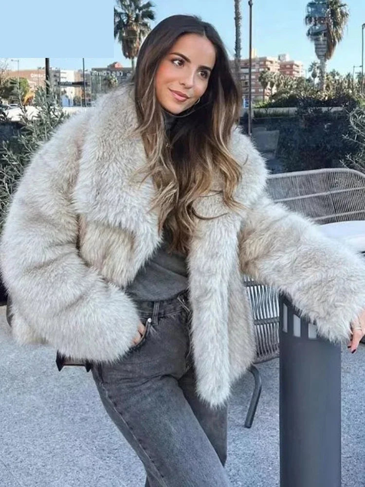 Women Fashion Faux Fur Jacket Vintage Luxury Turn-down Collar Long Sleeve Coat 2024 Autumn Winter Woman Thick Warm Outwears