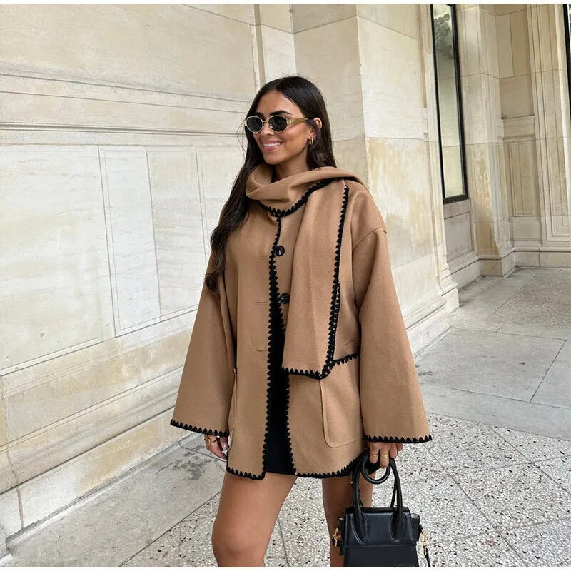 Women Splice Cashmere Coat With Scarf Chic Long Sleeve Solid Quilted Thick Jacket Loose 2023 Autumn Winter Warm Streetwear