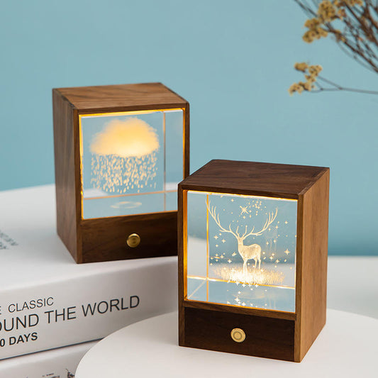 Wooden Box Square Crystal Ball Elk Cloud Night Light Christmas Birthday Gift 1220g