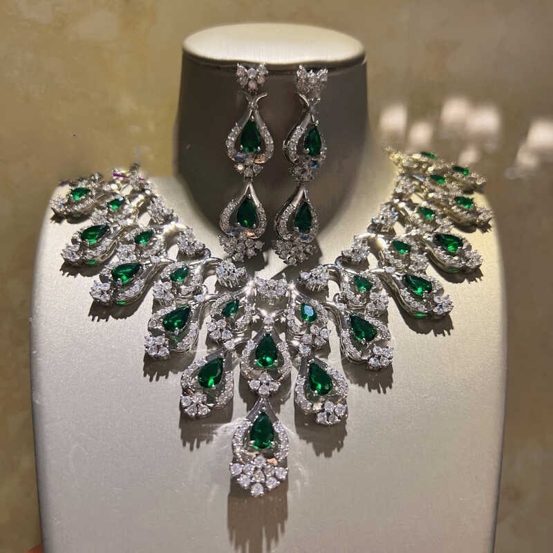 Green Zircon Evening Dress Accessories Necklace Earrings 80g