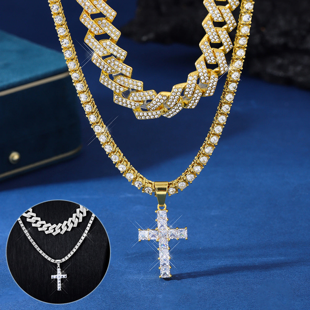 Zircon Cross Pendant Necklace Hip Hop Full Miami Curb Cuban Chain Iced Out Paved Rhinestones Bling Rapper Necklaces For Men Men's And Women's Clavicle Chain Jewelry 70g