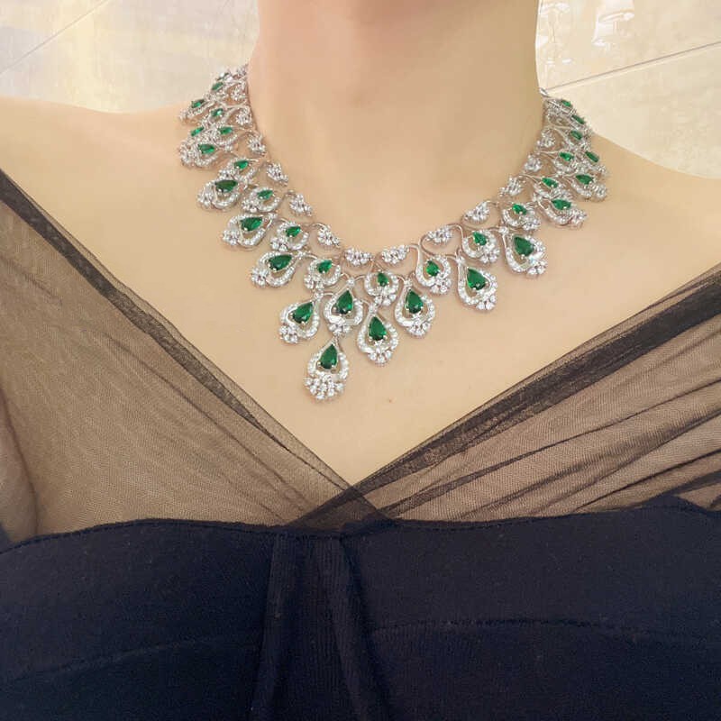 Green Zircon Evening Dress Accessories Necklace Earrings 80g