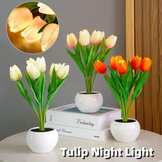 LED Tulip Flower Night Light Artificial Flowerpot Potted Plant Landscape Table Lamp Home Bedroom Living Room Decoration Gift  338-466g